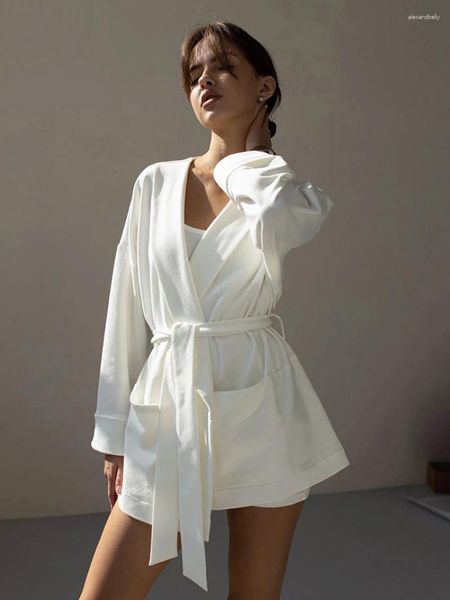 Frauen Nachtwäsche Marthaqiqi Casual Long Sleeve Robe Turndown Kragen Bademantel Schnürung Nachthemd weiß gestrickte Damen Nachtwäsche