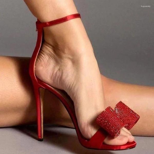 Sandálias sexy cristal arco salto alto aberto dedo do pé mulher vermelho seda prata lantejoulas strass buterfly nó uma cinta sapatos de banquete