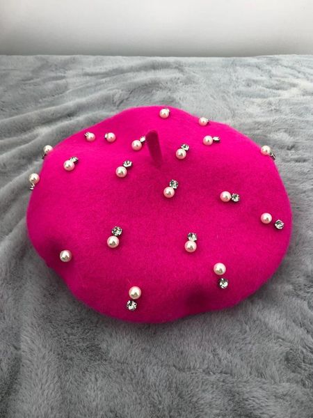 Berets feminino sólido rosa branco fúcsia pérolas strass lã boina senhoras cristais pintor chapéu inverno quente com pedras