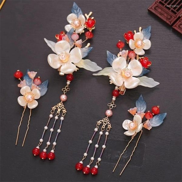 Acessórios de cabelo Hanfu Headdress Set em forma de U Vara Tassel Step Shake Hairpin Girls' Cheongsam Flower Clips Mulheres Presente