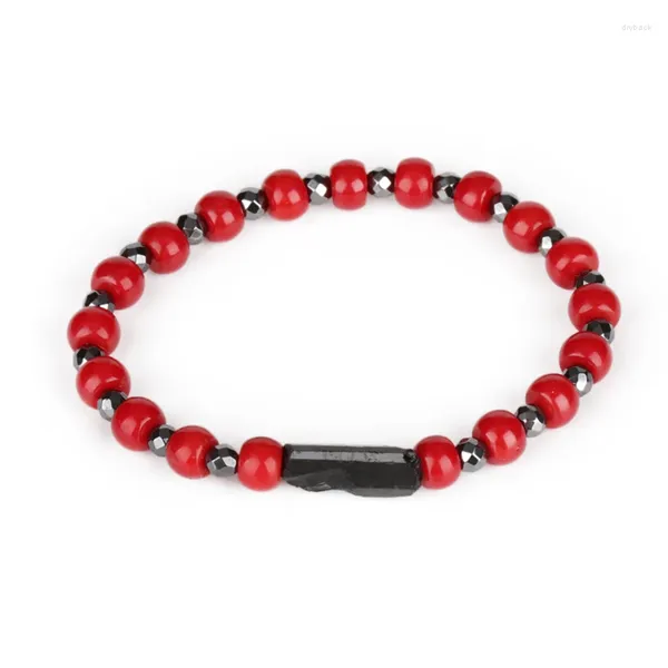 Filo di 6mm grosso piatto corallo rosso perlina alternato 4mm naturale nero ematite sfaccettato pietra curativa braccialetto di energia di fascino per uomo donna