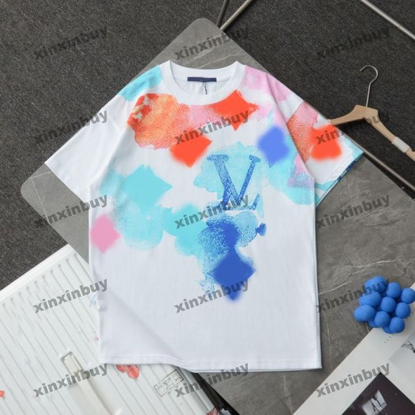 Xinxinbuy 2024 Erkekler Tasarımcı Tee T Shirt Kravat Boya Harfleri 1854 Kadın Turuncu Siyah Beyaz Blue Red XS-2XL