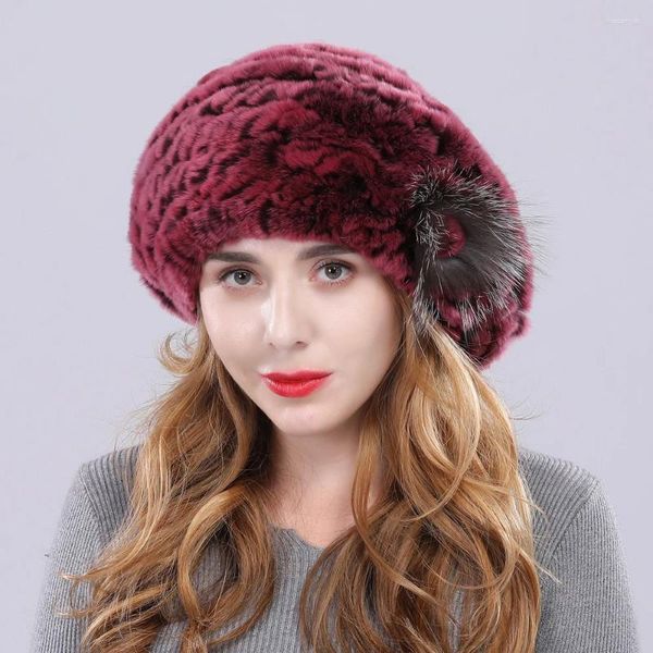 Berets Winter Dame Echt Pelz Hüte Mode Warme Gestrickte Rex Frauen Natürliche Echte Caps Casual