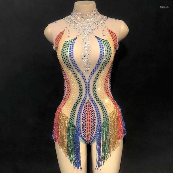 Stage Wear Strass colorati Nappa Body con frange di cristallo Body da ballo Competizione di ginnastica Costume da performance acrobatica