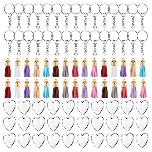 Chaveiros 90 pcs discos acrílicos claro coração chaveiro em branco borla colorida para chaveiros diy artesanato jóias