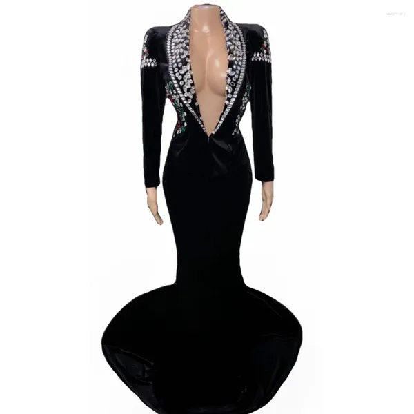 Sahne Giyim Siyah Seksi Derin V Yastık Swan Velvet Crystal Rhinestones Kadın Uzun Elbise Düğün Akşam Banquet Party Giyim Kostümleri
