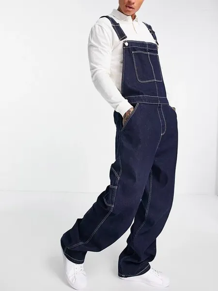 Herren-Jeans, neueste große Jeans-Overalls, einfarbig, dunkelblau, lockere, übergroße Straps-Overall-Hose