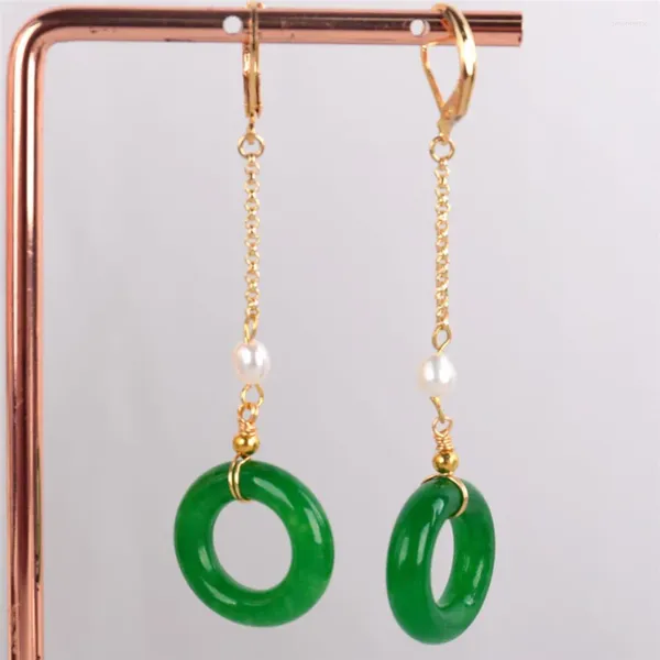 Brincos pendurados natural verde jade anel 18kgp corrente ms presente casamento acessórios de ação de graças sorte dia das bruxas orelha parafuso prisioneiro bonito