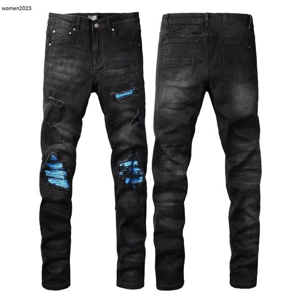 Designer jeans mens calças jeans roxo Mens preto Jean angustiado rasgado motociclista Slim Fit motocicleta Mans calças empilhadas jeans logotipo 27 de janeiro