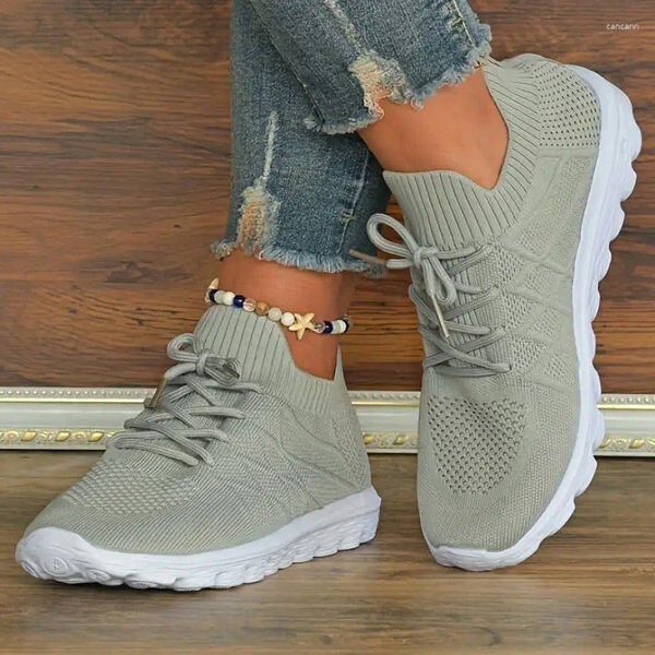 Sapatos de vestido feminino malha meia tênis casual respirável rendas até cor sólida esportes leve tênis baixo topo