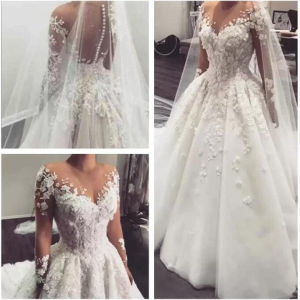 2022 Elegante Spitze A-Linie Brautkleider Arabisch Sheer Long Sleeves Tüll Applikation 3D Blumen Perlen Sweep Zug Braut Hochzeit Dresse217u