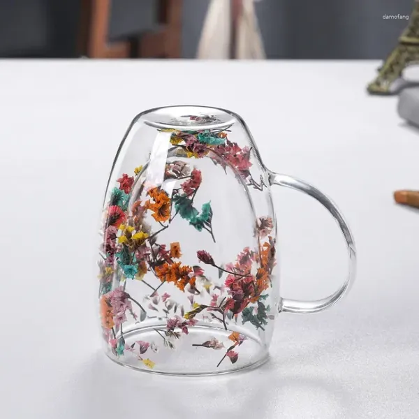 Copos de vinho alças altas camada copo verdadeiro copos de enchimento de café caneca flor com concha criativo flash garrafa borosilicato vidro de água duplo
