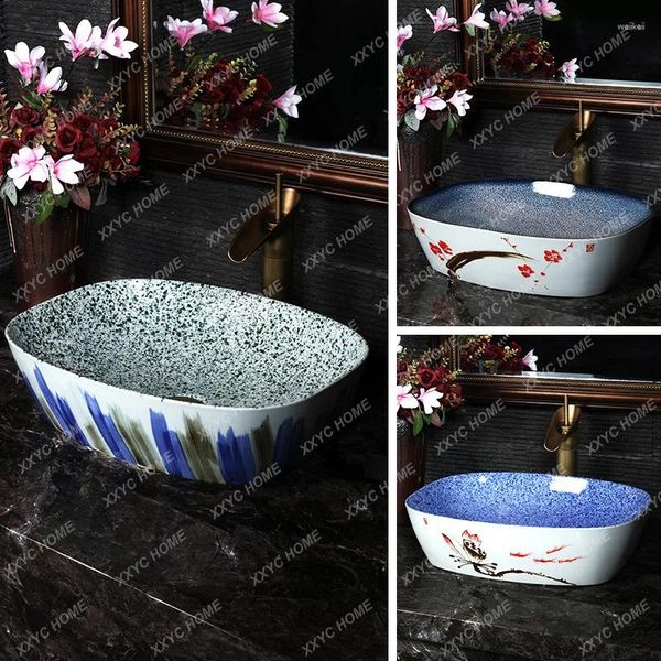 Torneiras de pia do banheiro pintados à mão bacia de cerâmica lavatório doméstico inter-plataforma lavagem varanda