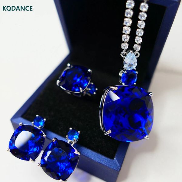 Sets Kqdance Kissen Schnitt erzeugt Sapphire Ohrringe Ringe Tennis Halskette Kupferschmuck Set Verstellbare Kette für Frauenparty