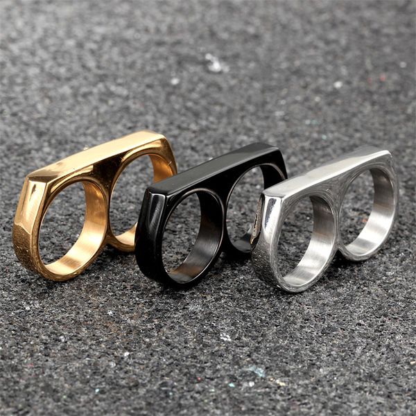 Anello da motociclista in acciaio inossidabile con doppio dito, forma di occhiali, anello a nocca, autodifesa, punk gotico, da uomo, retrò, argento, moda, tondo, anelli a fascia, gioielli