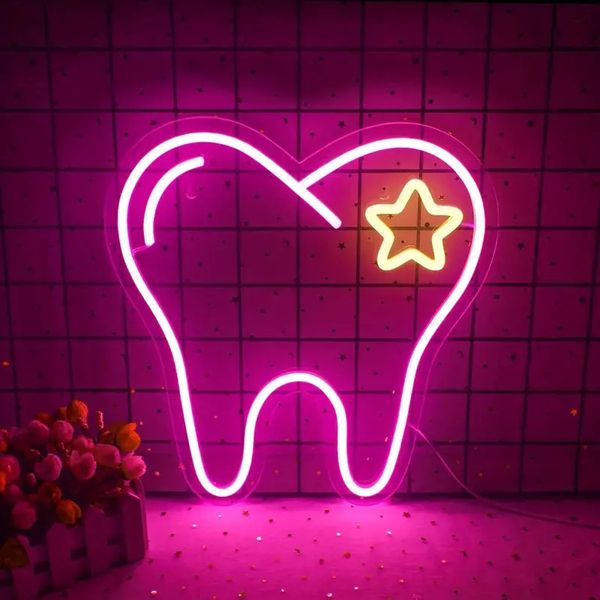 Sinal de néon de dentes de 1 unidade, 13,8 x 13 pol., sinal de LED rosa, sinal de néon para consultório odontológico, sinal comercial de decoração de parede dentária, sinal de LED pendente de decoração de arte de parede.