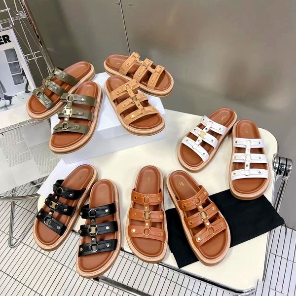 S Tasarımcı Ayakkabı Sandal Termeri Yaz Kadınları En Kaliteli Deri 2024 Yeni Slayt Kız Moda Düz Gladyatör Siyah Kahverengi Mule Erkek Dışarıda Plaj Lady Sliders