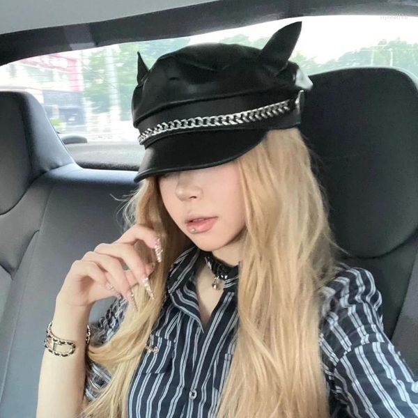 Berets Chapéu Vintage Moda PU Octogonal com Corrente de Metal Adolescentes Menina Capitão Mulheres Cabbie Cap Lady Headwear Acessório