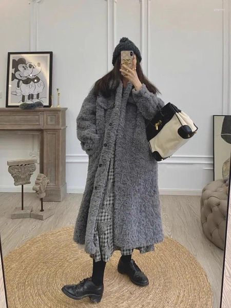 Cappotto lungo in pelliccia da donna Cappotto invernale coreano da donna oversize casual caldo grigio finto maxi soffice cappotto di lana spesso