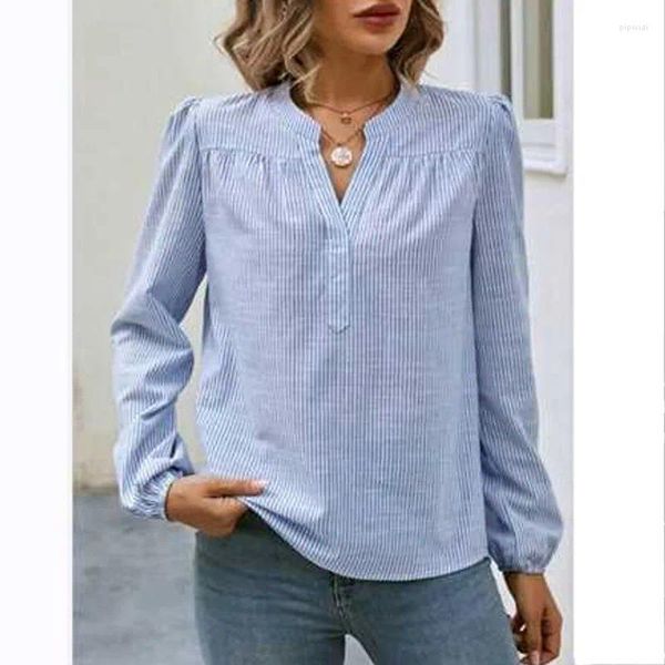 Camicette da donna Camicette da donna slim Top Camicia a maniche lunghe con scollo a barca con stampa a righe blu tinta unita per il 2024