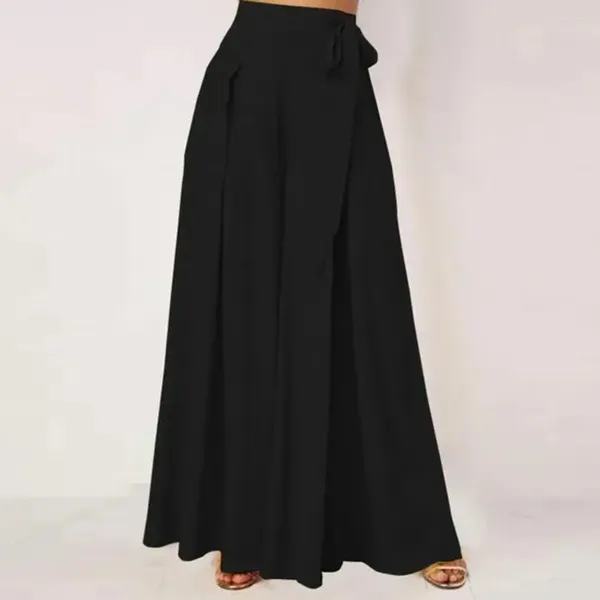 Pantaloni da donna Fiocco tinta unita Gamba larga da donna Elegante gamba larga Allacciata con vita alta Orlo grande per casual o danza