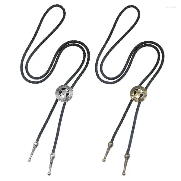 Papillon Q1FA Bolo Tie Cowboy Cravatte Vintage PU Ecopelle Corda Collana con ciondolo a stella Gioielli intrecciati per uomo Donna Regalo