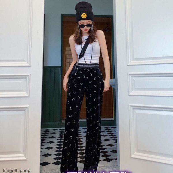 Marine Serre 2024 Marine's new elastic high waisted woven belt with moon print elastic floor sweeping wide leg casual pants for women's home decor