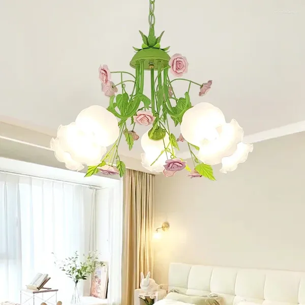 Lampade a sospensione Lampadario moderno europeo Lampada colore verde Fiore rosa rosa Lampada E14 Decorazione Design