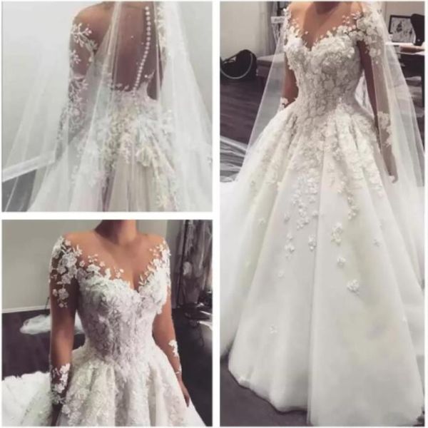 2022 Elegante Spitze A-Linie Brautkleider Arabisch Sheer Long Sleeves Tüll Applikation 3D Blumen Perlen Sweep Zug Braut Hochzeit Dresse282r