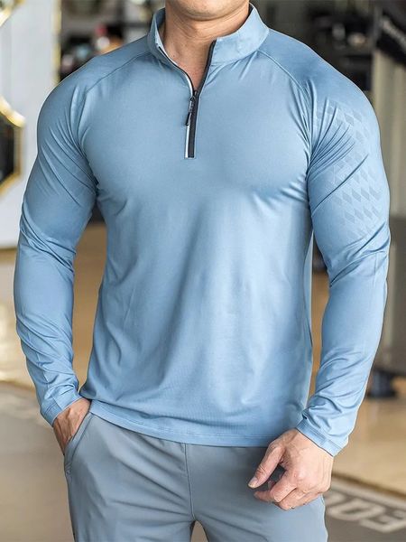 Outono inverno correndo ginásio camisa dos homens de manga longa t elástico ajuste treinamento esportivo fitness secagem rápida zip colarinho polo t 240119