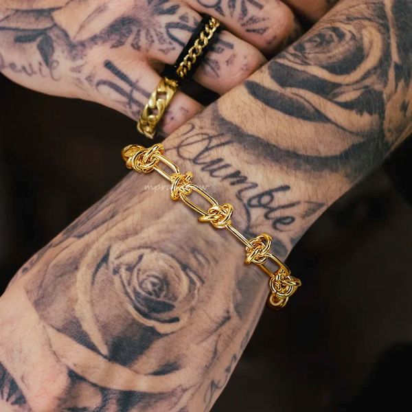 Pulseira masculina com corrente atada, pulseira estilo estético grunge em ouro amarelo 14k, joia