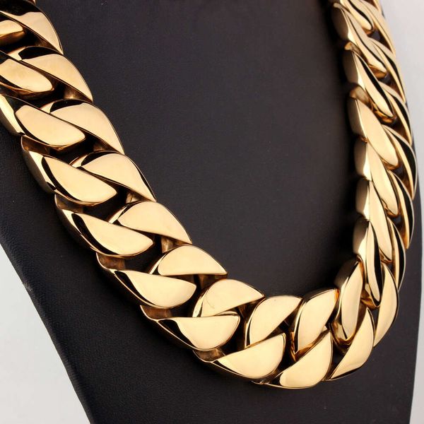Luxus-Halskette, 15 mm breit, Edelstahl, vakuumvergoldet, große Goldkette, individuelle große Halskette, 15 mm kubanische Gliederkette