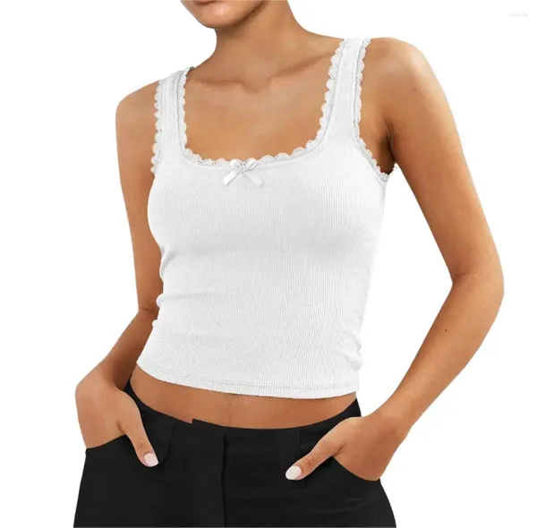 Tanques femininos DZ-DZ Mulheres Y2K Square Neck Lace Patchwork Crop Tank Top Bonito Slim Fit Rib Knit Sem Mangas Guarnição Saindo Cami Camisa