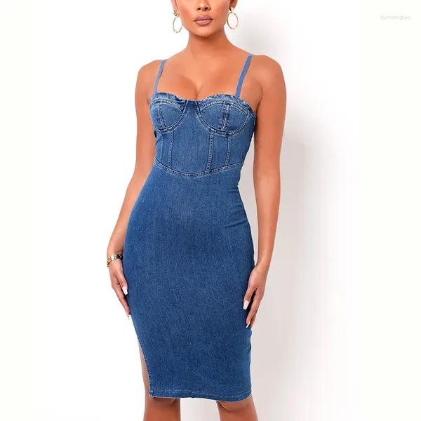 Casual Kleider Sling Sexy Frauen Midi Kleid Halfter Ärmellose Sommer Einseitige Split Retro Denim Rock Club Party 2024