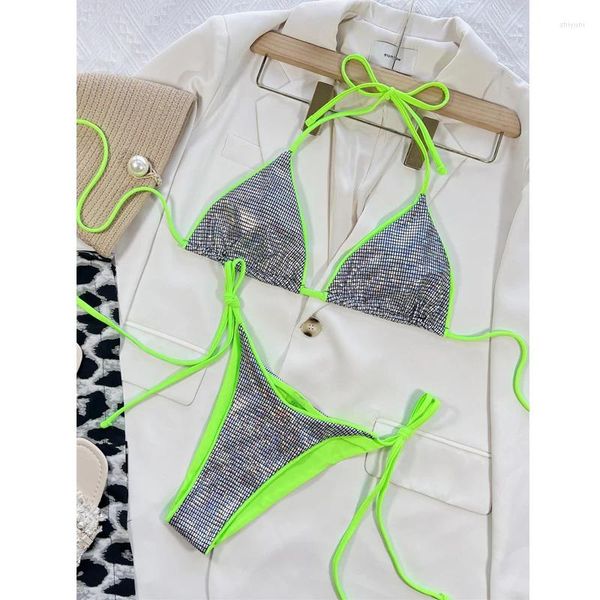 Roupa de banho feminina duas peças tankini bandagem praia wear prateado emenda cintura baixa verde conjunto mulher 2024 terno de natação para mulher
