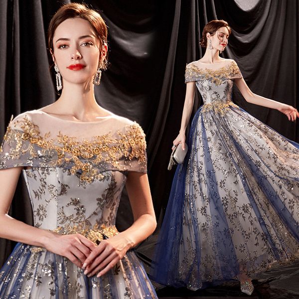 Плюс размер Sequined Mother of the Bride New Blue Prom Prome Prom Sheer Jewel Nece Beadered Logn Evening Howns Золотые вышиваемя кристаллы Custom Hoots de Soiree 403