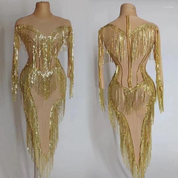 Stage Wear Sparkly Gold Lantejoulas Franjas Vestido Mulheres Festa Vestidos de Noite Casamento Celebrar Dança Traje Festival Outfit XS7257