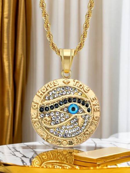 Ägyptisches Auge des Horus Halskette Anhänger Kette für Männer Frauen 14 Karat Gelbgold Runder Hiphop-Schmuck aus dem alten Ägypten