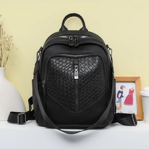 Schultaschen 2024 Einfacher schwarzer Rucksack PU-Lederrucksack für Frauen Schulter Teenager Mädchen Einfarbige Freizeitreiserucksäcke