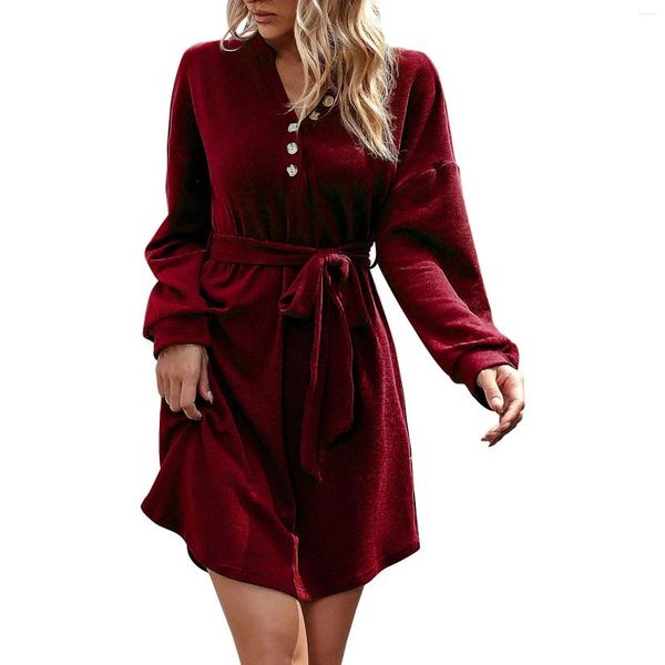 Casual Kleider Elegante Samt Damen Kleid Herbst Langarm Einfarbig Party Für Frauen Lace Up Damen Abend Vestidos