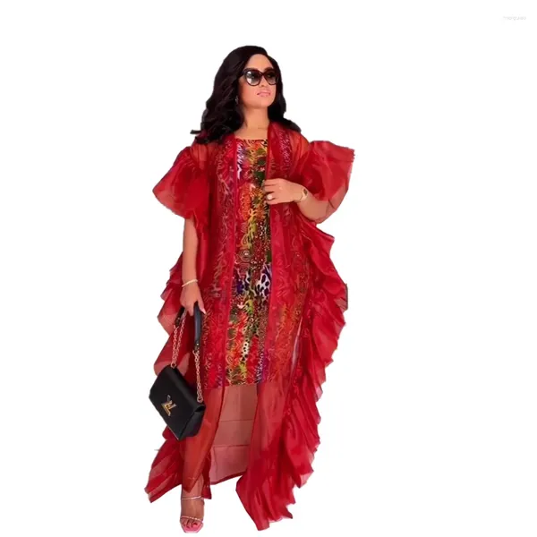 Ethnische Kleidung Afrikanische Party Abendkleider für Frauen Sommermode Rot Schwarz Plus Size Mesh Langes Kleid mit innerem Dashiki Afrika