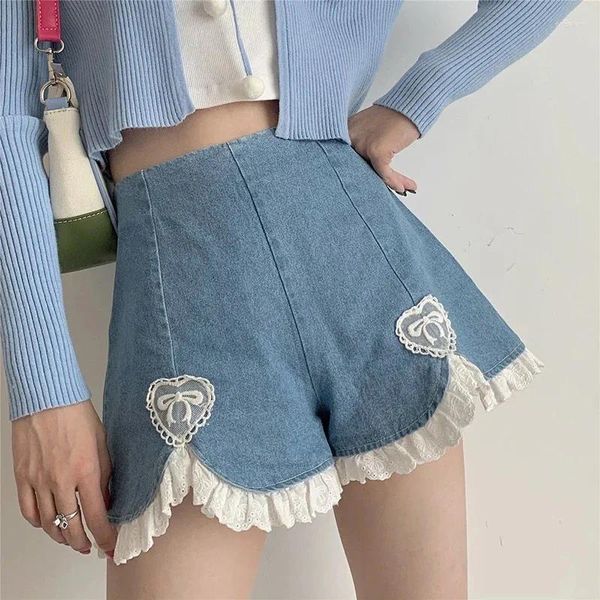 Shorts femininos mulheres verão kawaii sexy azul 2024 bonito lolita meninas denim M-4XL japonês doce cintura alta renda irregular bottoms