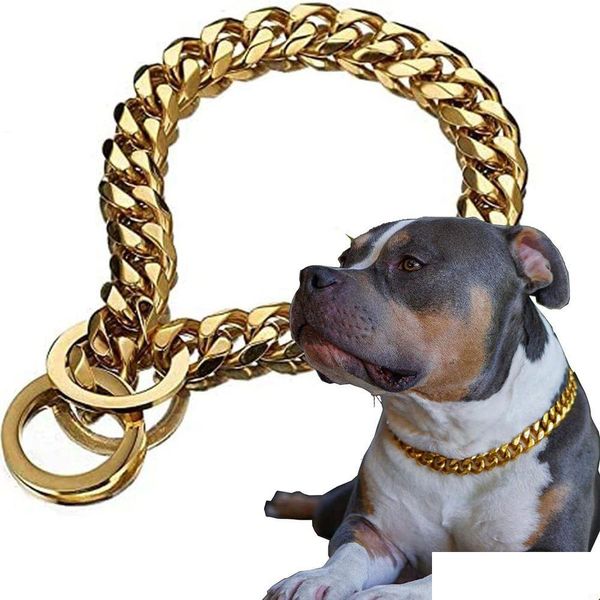 Collari per cani Guinzagli Collari per cani Guinzagli Collare a catena in oro 15 mm di larghezza Metallo pesante Cubano Scivoloso Moda Accessori per gioielli per animali domestici Drop Dhiky