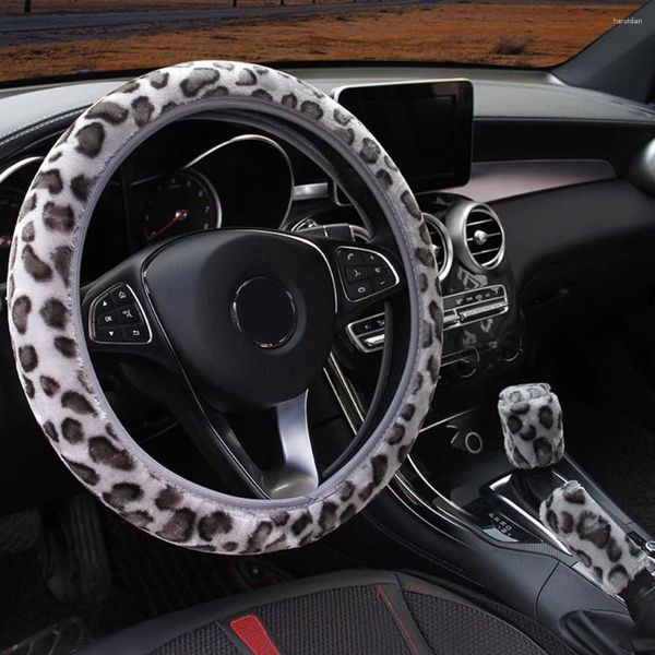 Capas de volante 3 pcs capa universal macio pelúcia quente fofo leopardo impressão anel menos elástico mudança de engrenagem manga freio de mão