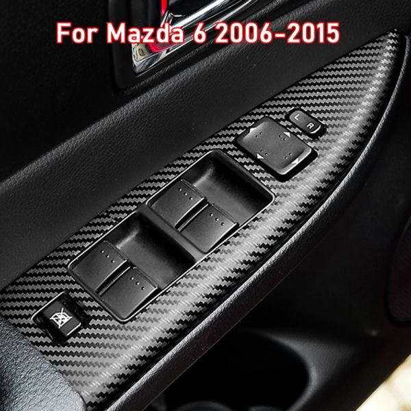 Car Styling Nero Carbon Decal Car Window Lift Interruttore del pulsante del pannello di copertura Trim Adesivo 4 pezzi / set per Mazda 6 2006-2015