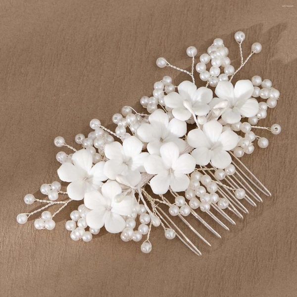 Grampos de cabelo Pente de flor de cerâmica Acessórios de casamento Noiva Headpiece Jóias Barrettes Branco Floral Headdresses