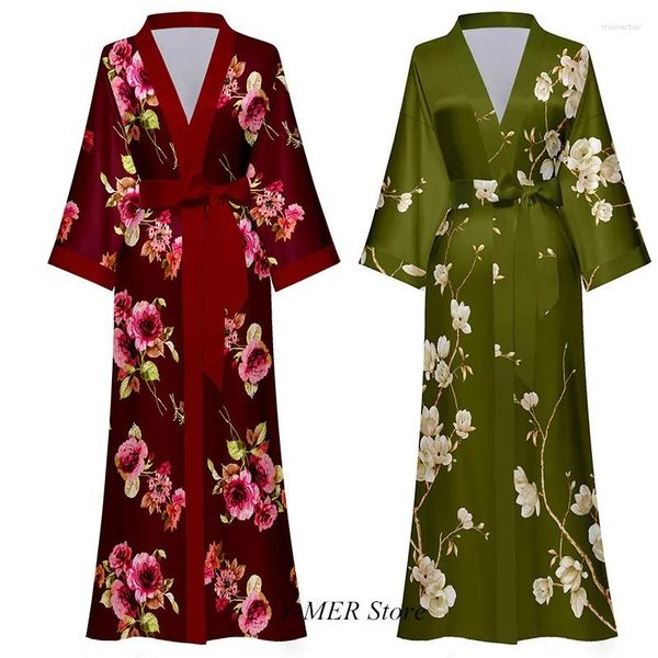 Kadın pijama artı beden bornoz bayan satin kimono elbisesi gevşek gecelik yaz bahar cüppe kadınlar ev kıyafeti uzun samimi iç çamaşırı