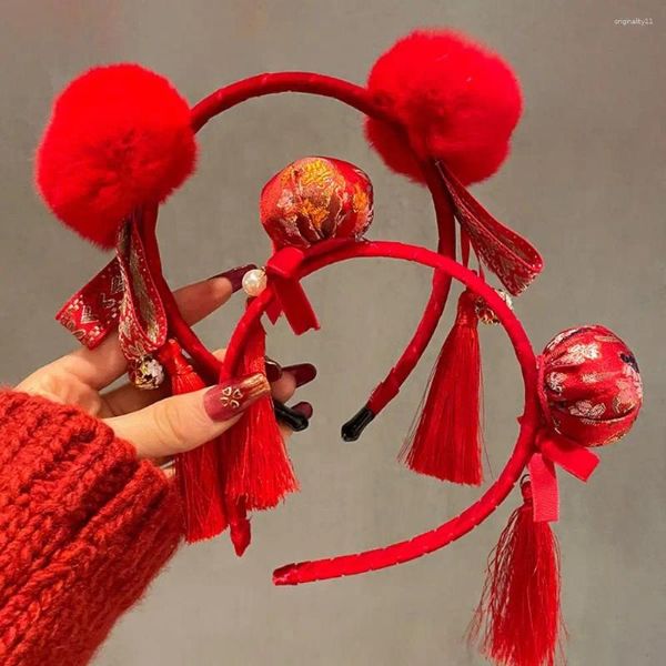 Acessórios de cabelo vermelho hairband ano banda hairball borla estilo chinês cocar feltro hoop criança headwear arco bandana