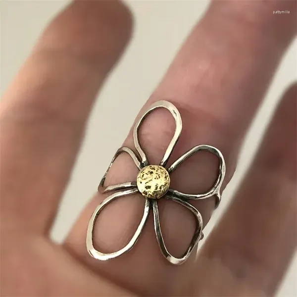 Cluster-Ringe, Blume, zweifarbig, offener Ring, Silber, klein, ausgehöhlt