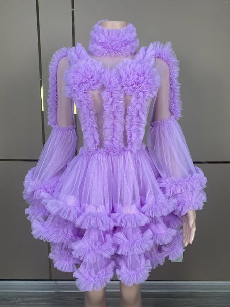Сценическая одежда, фиолетовое, красное сетчатое сексуальное платье с длинными рукавами, певица, танцевальный перспективный наряд, костюм для празднования дня рождения